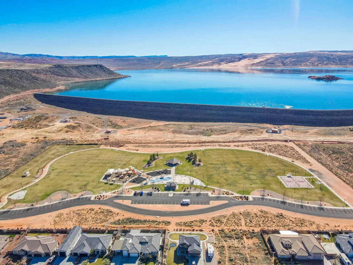 Bird's eye view of a water and mountain view