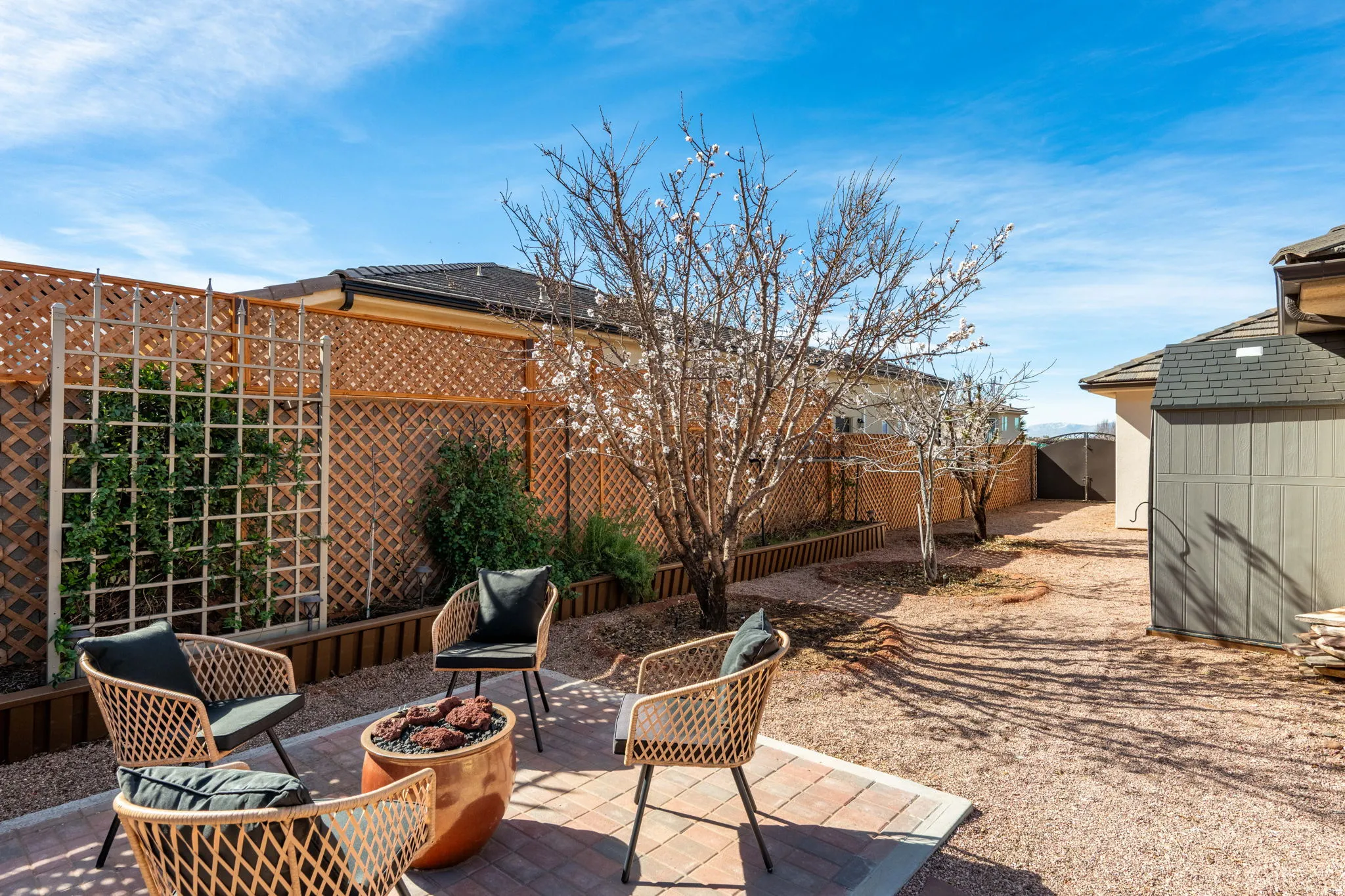 Fenced backyard featuring a patio