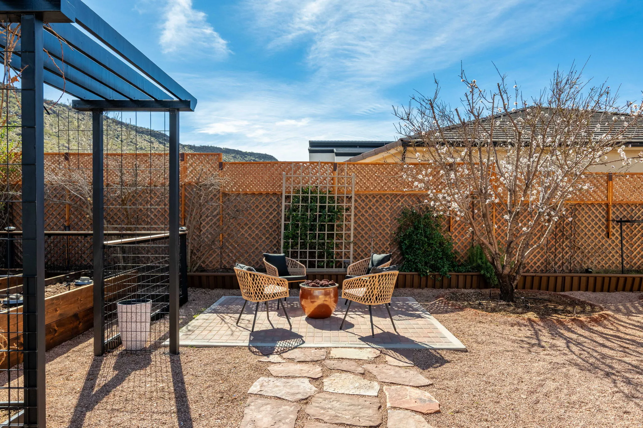 Fenced backyard featuring a patio and a pergola