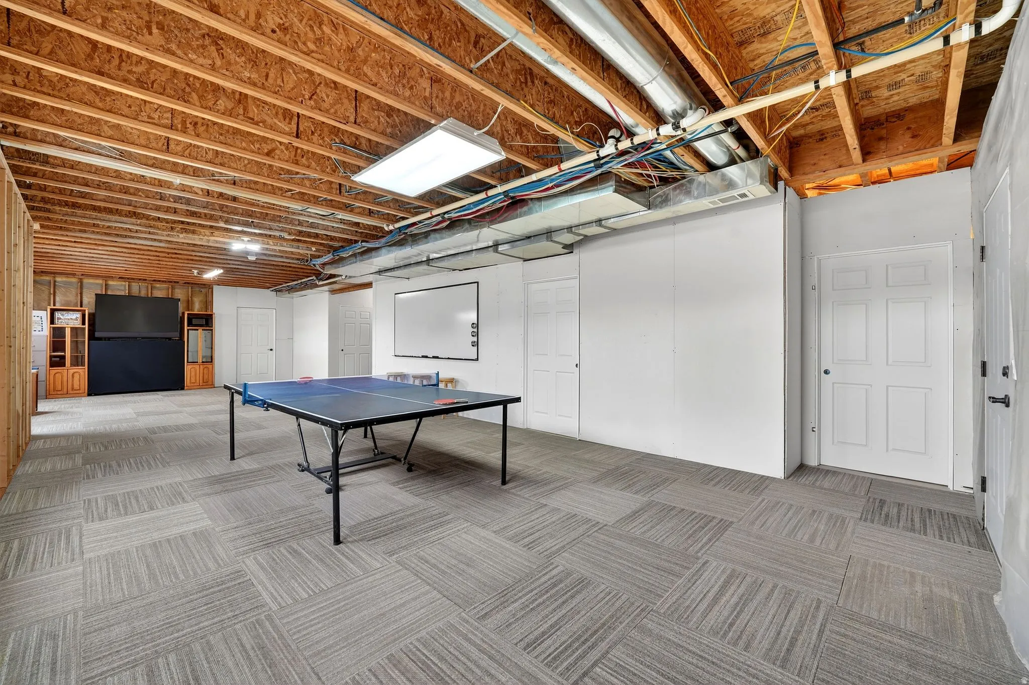 Rec room featuring light carpet