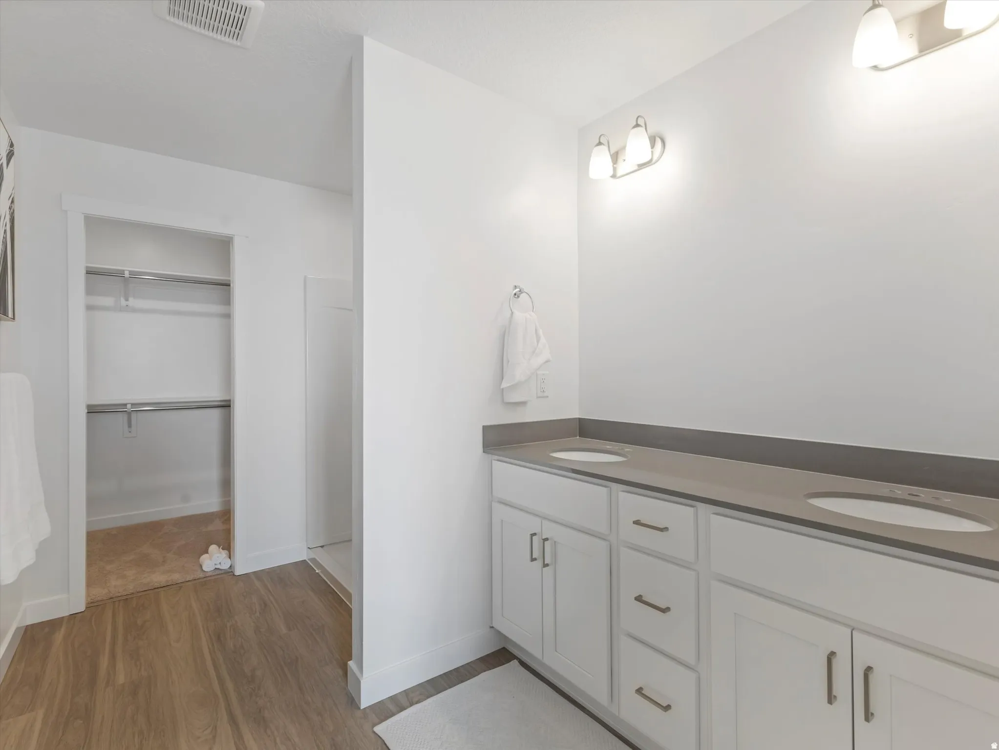 Bathroom with double vanity, a walk in closet, and dark wood-style floors