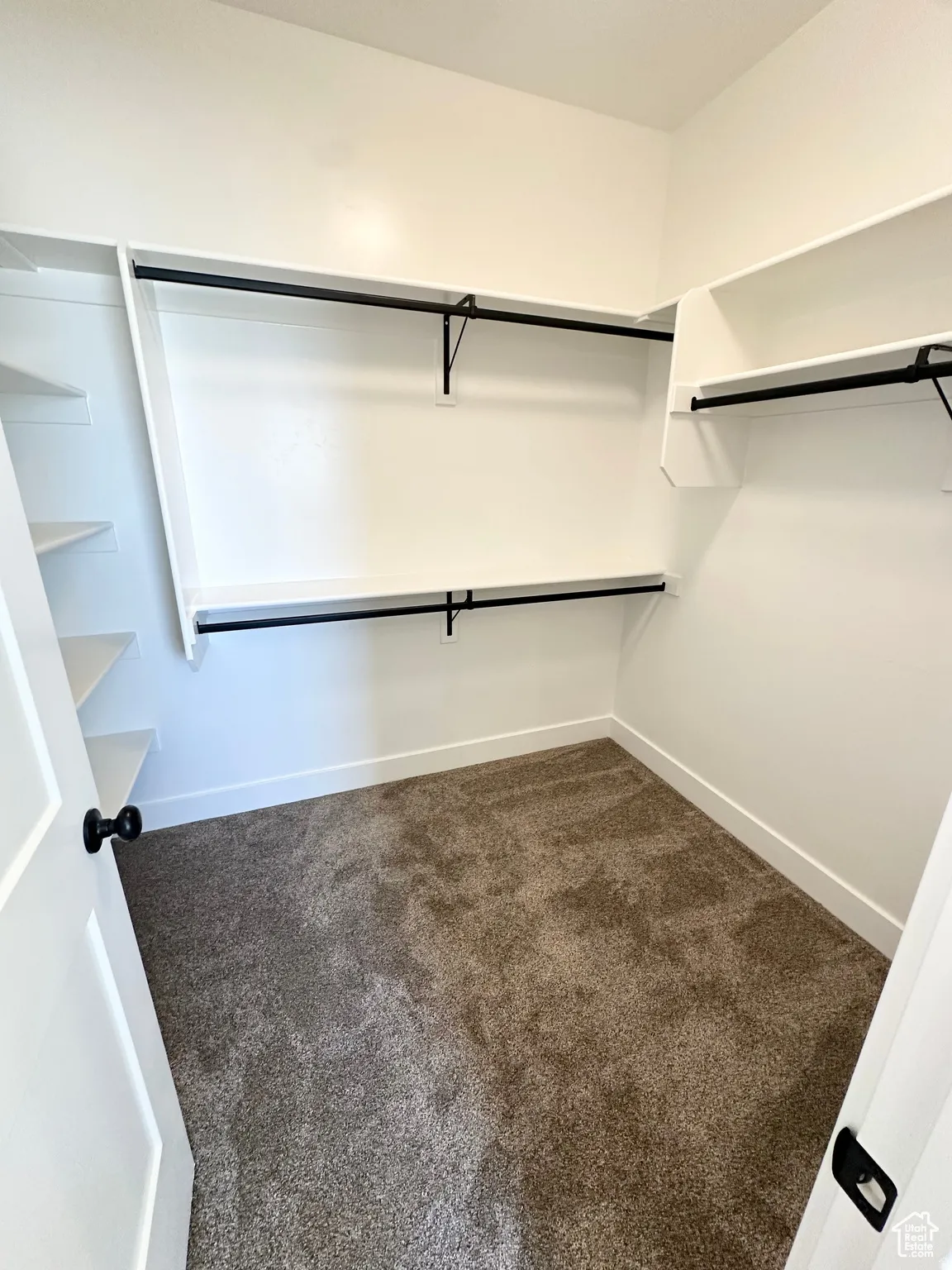 Walk in closet featuring dark colored carpet