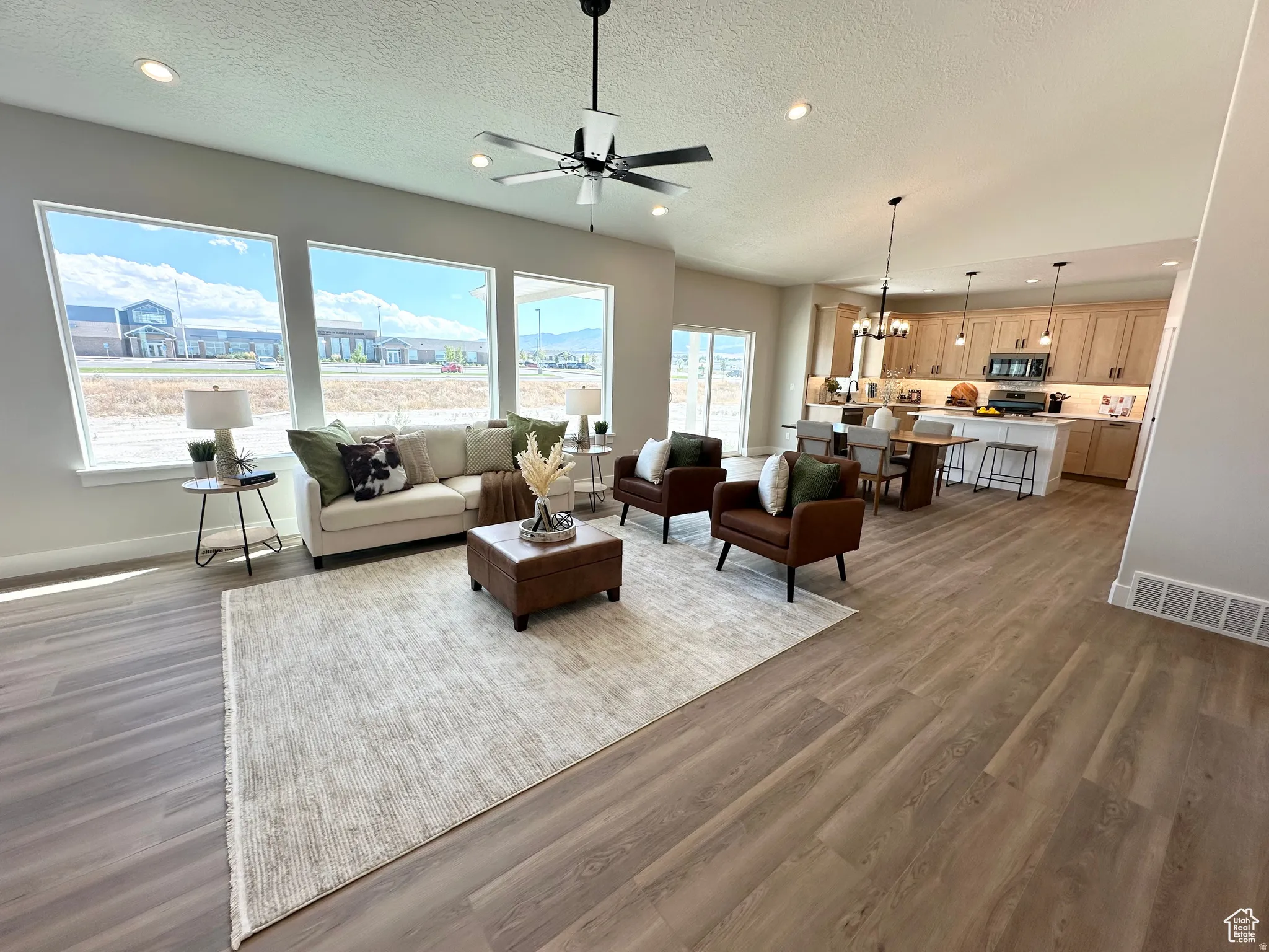 Living room featuring a chandelier, ceiling fan, dark wood finished floors, and a textured ceiling