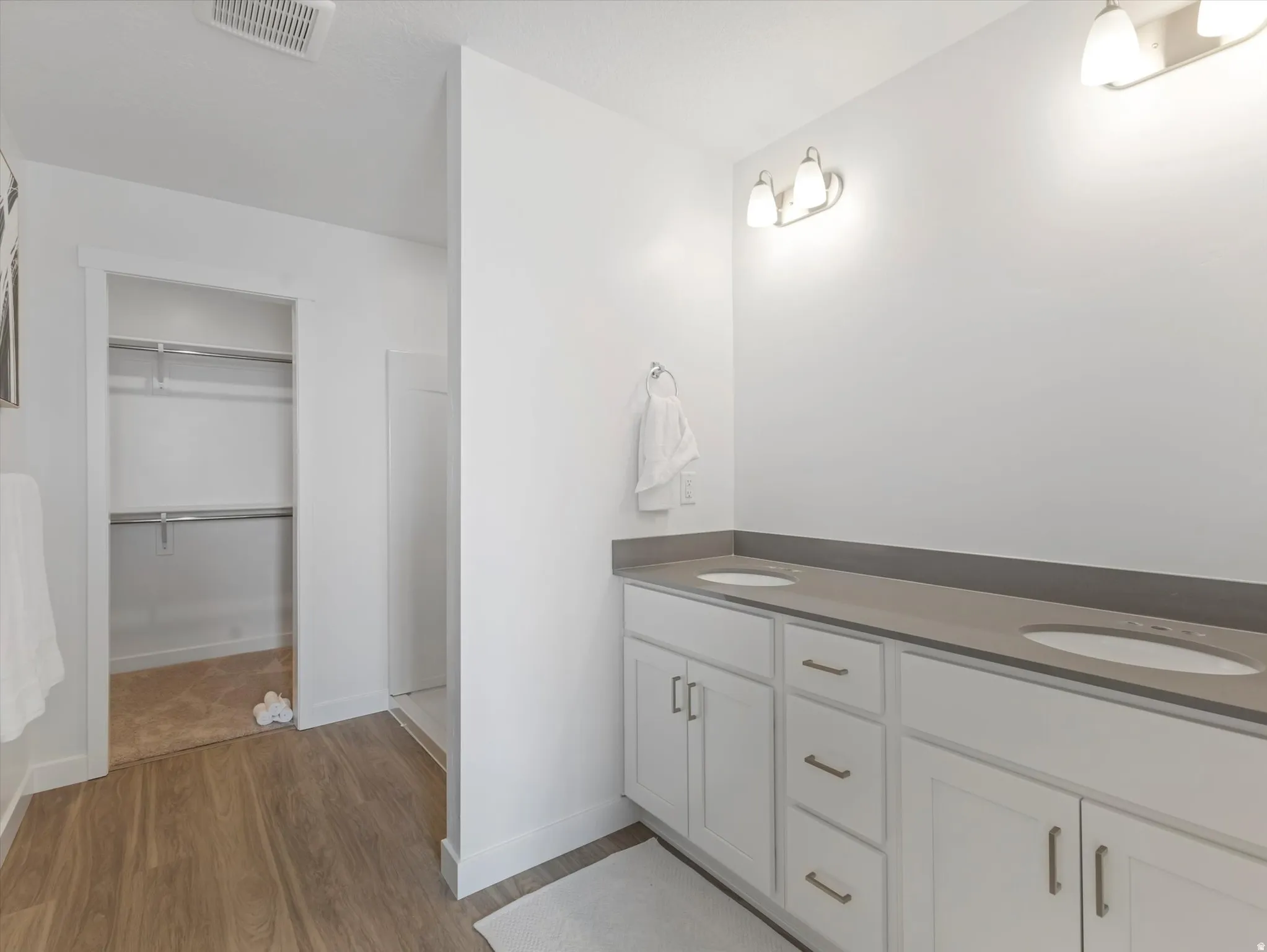 Full bathroom with double vanity, dark wood-style floors, and a walk in closet