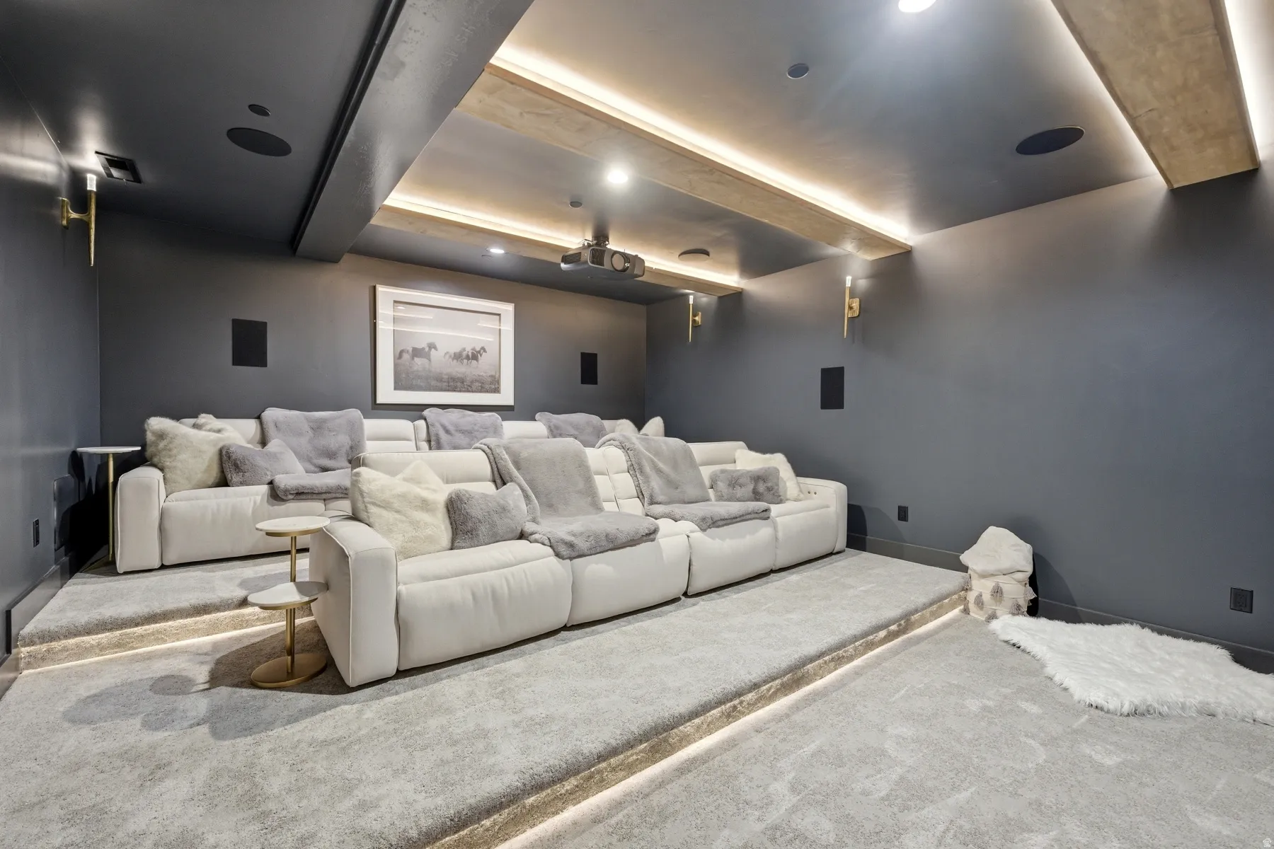 Cinema featuring beamed ceiling, carpet flooring, and recessed lighting
