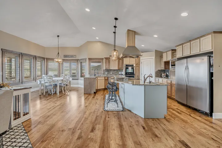 Kitchen with stainless steel appliances, light stone counters, a chandelier, island exhaust hood, and light wood finish cabinetry
