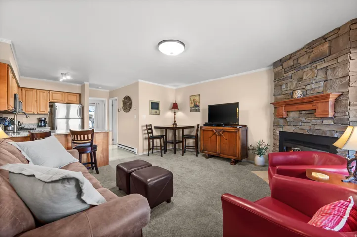 Living area featuring crown molding, light colored carpet, baseboard heating, and a stone fireplace