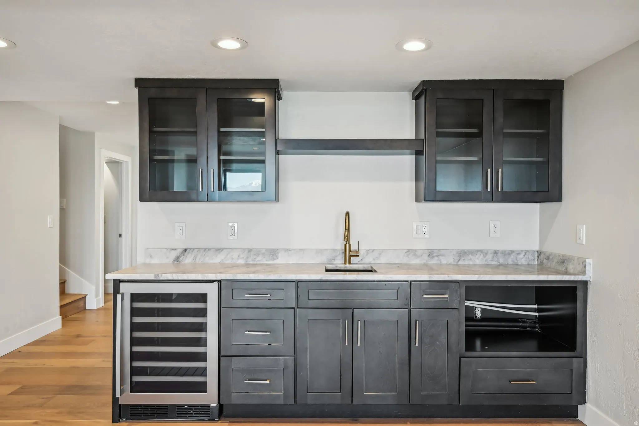 wet bar, quartzite countertops, new cabinetry, wine cooler, soft close drawers and doors