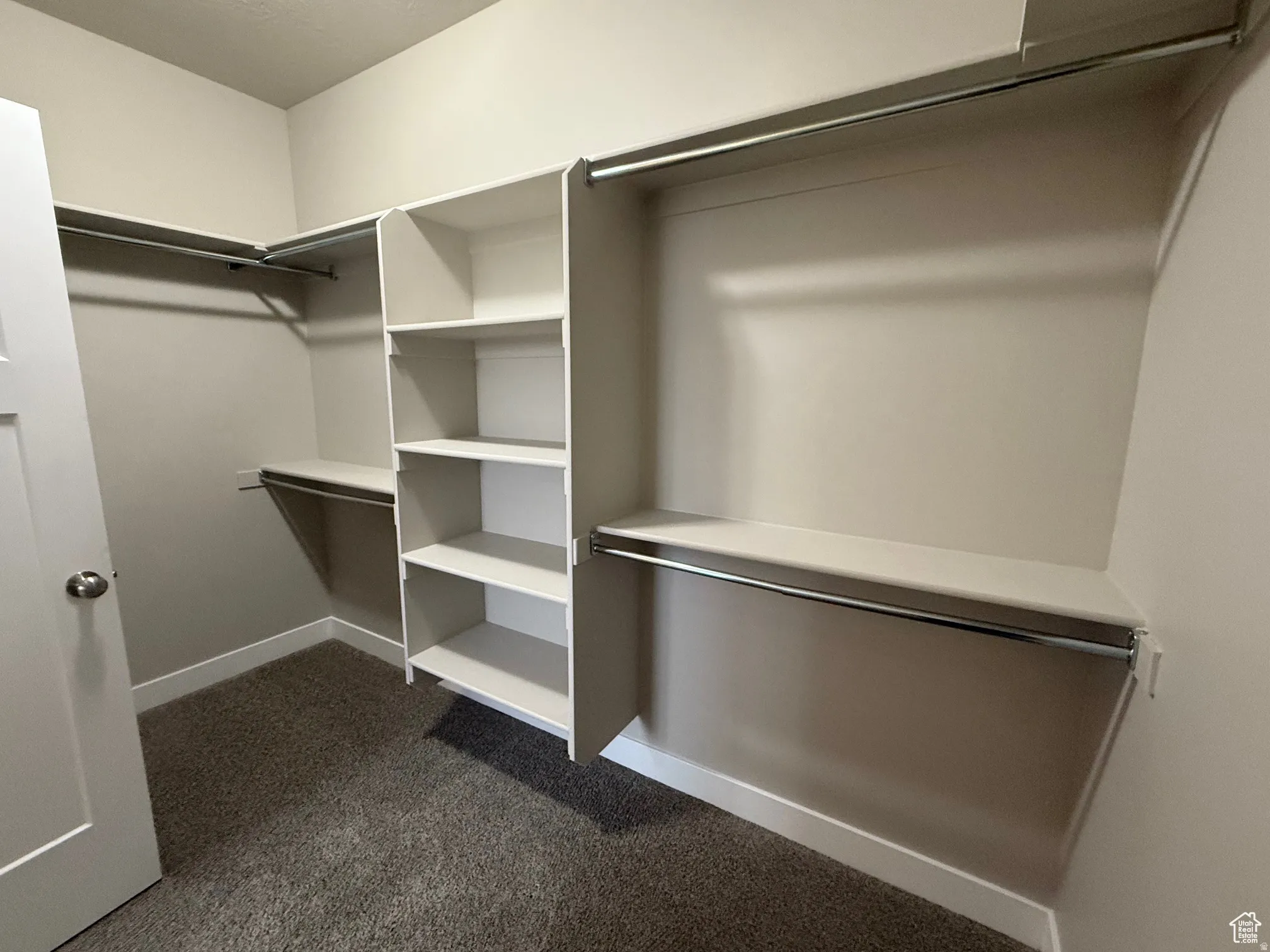 Walk in closet with dark carpet