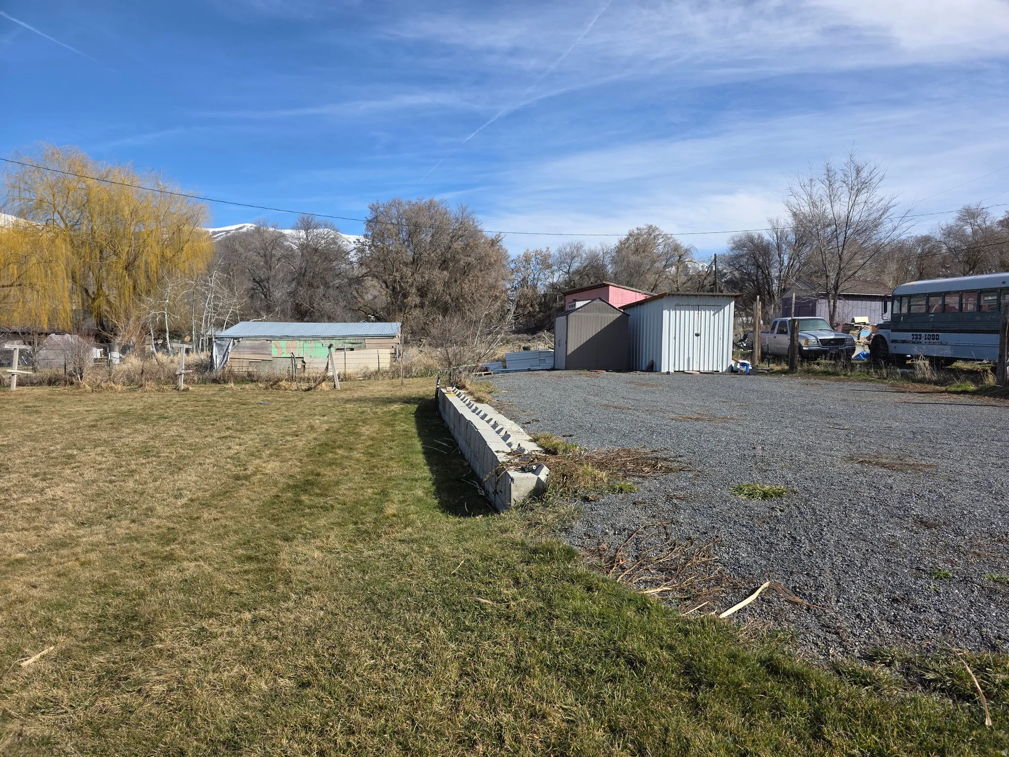 View of yard featuring an outdoor structure and driveway