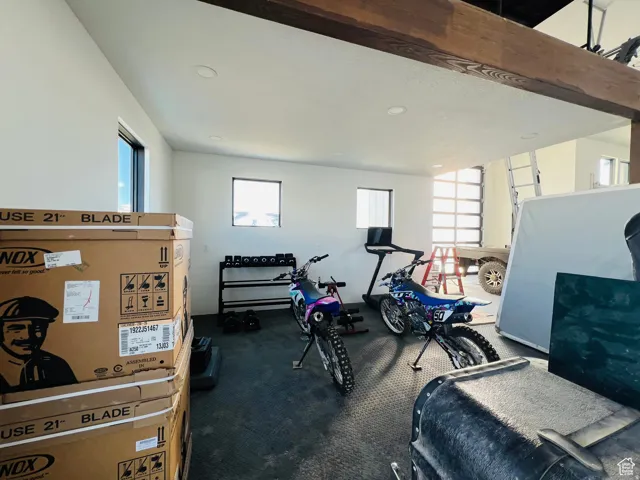 Workout room featuring plenty of natural light and dark colored carpet