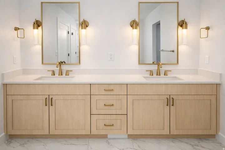Bathroom with double vanity and light marble finish floors