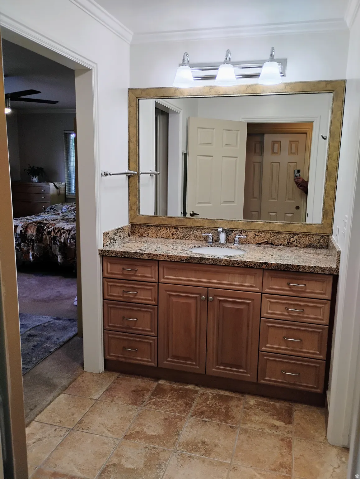 Ensuite bathroom featuring vanity and crown molding
