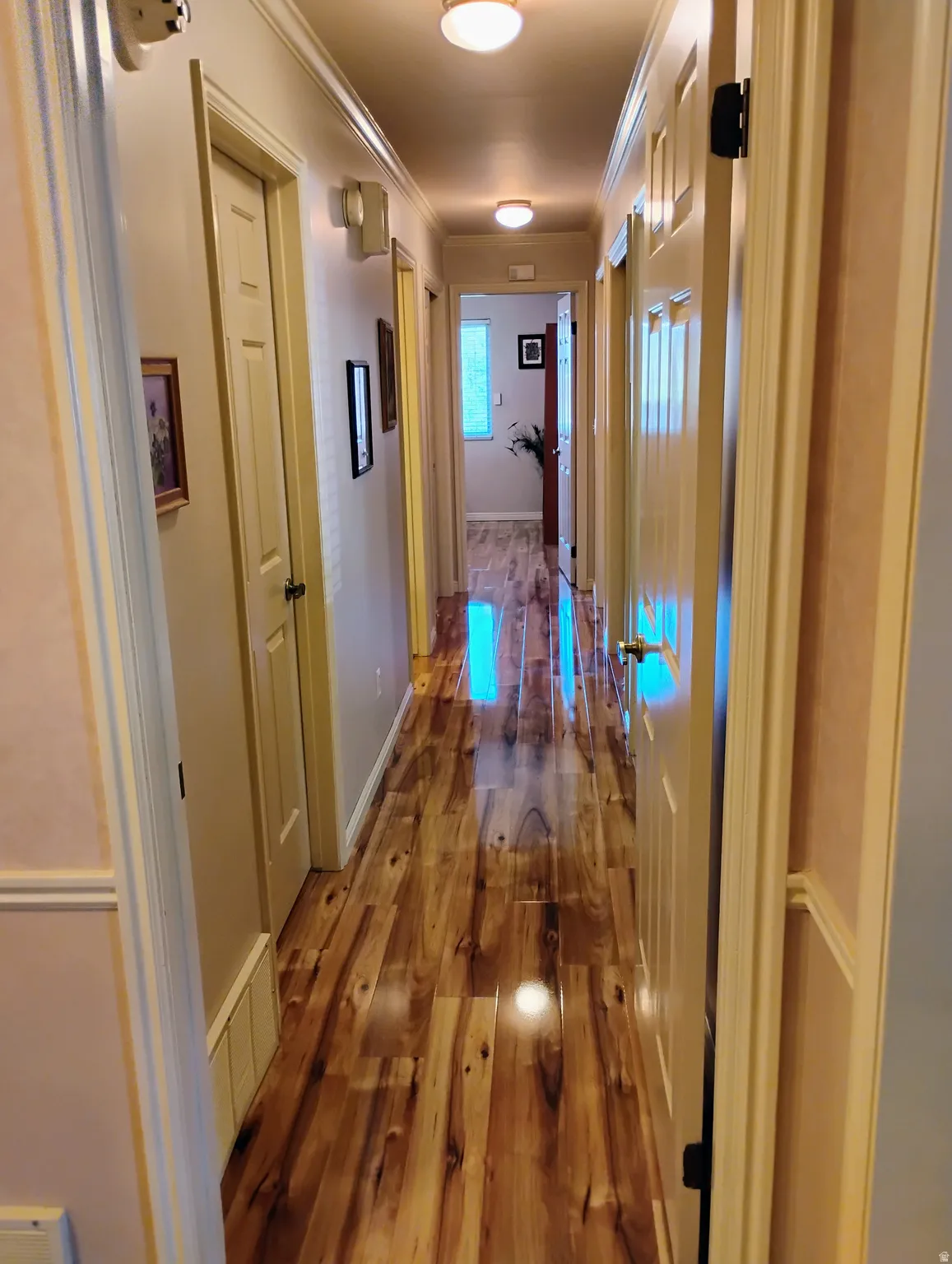 Hall with dark wood finished floors and ornamental molding