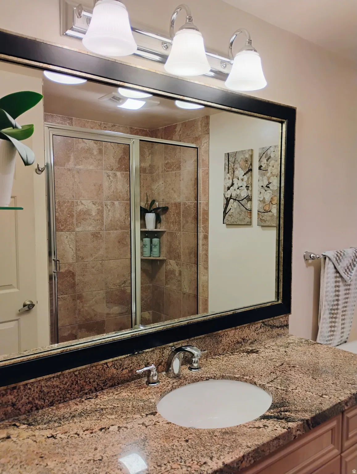 Full bathroom featuring vanity and a stall shower