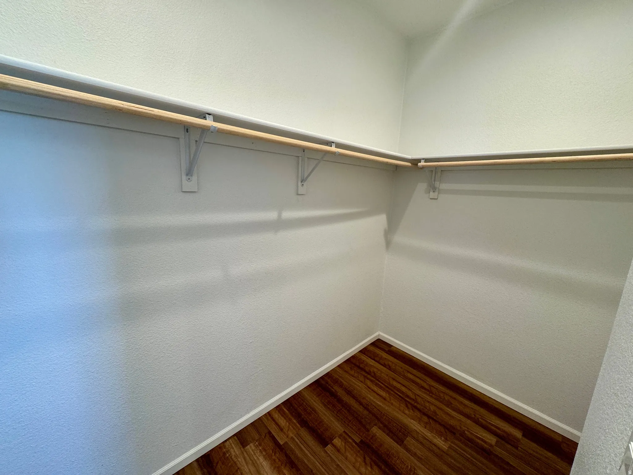 Walk in closet with dark wood finished floors
