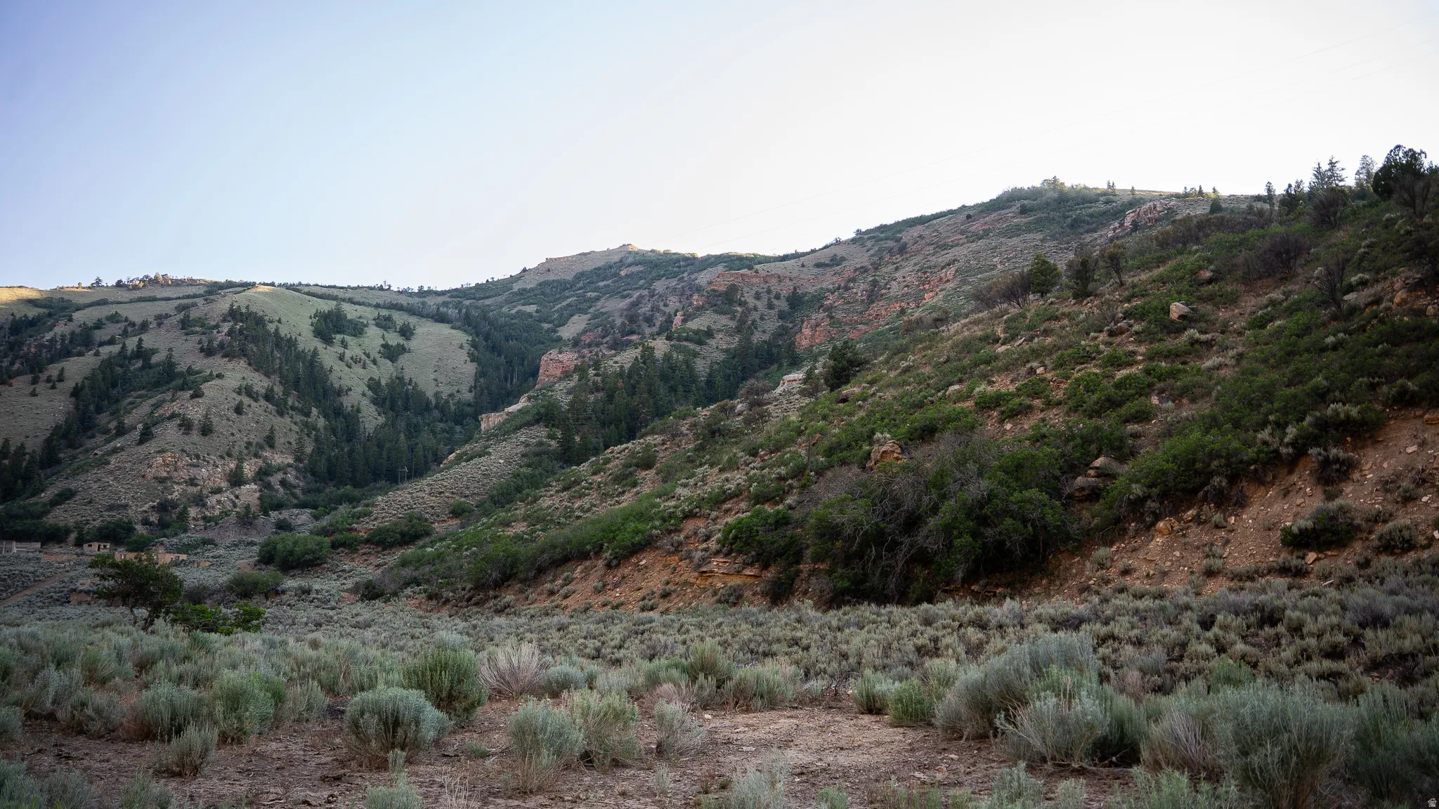 Mountainous terrain with varied natural vegetation, including scattered trees and low-lying shrubs