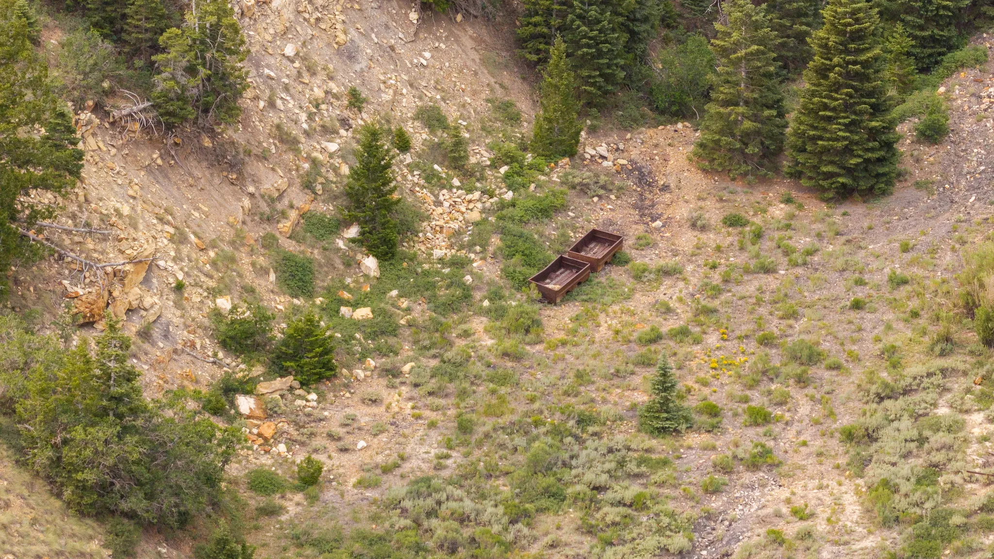 Sloping hillside terrain featuring two rustic mining carts