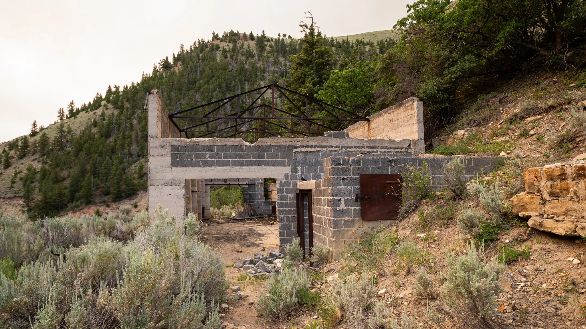 Concrete block structure with exposed rebar roof framing