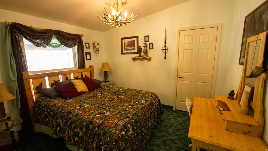 Bedroom featuring green wall paint and a coordinating green textured carpet