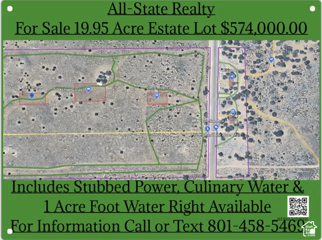 Real Estate Listing. Displaying a 19.95-acre property for sale, with an asking price of $574,000, and indicating the availability of power, water, and water rights