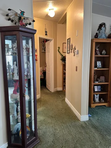 Hall featuring a textured ceiling and carpet floors
