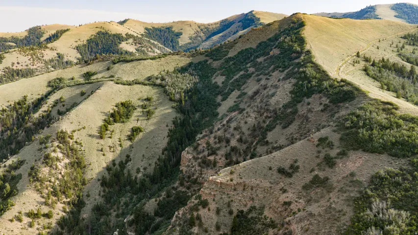Expansive mountainous terrain featuring varied elevations, natural rock formations, and abundant natural vegetation