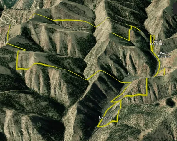 Geographic Information System (GIS) Map. Depicting property boundaries and named canyons within a mountainous terrain
