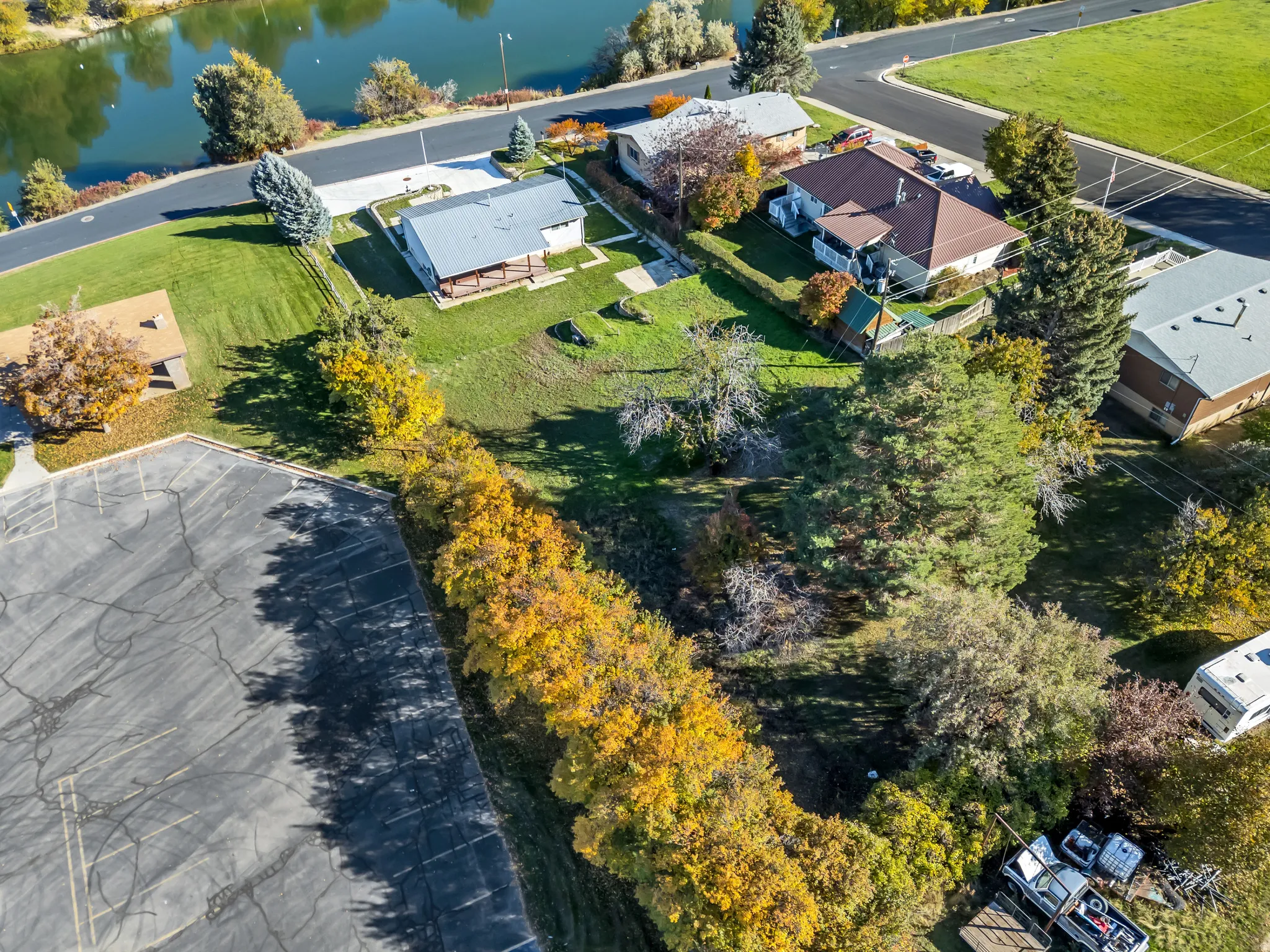 Aerial view of a nearby body of water
