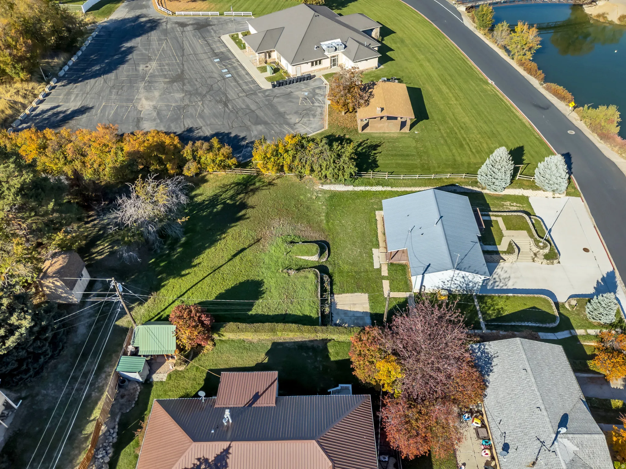 Aerial view of residential area with a nearby body of water