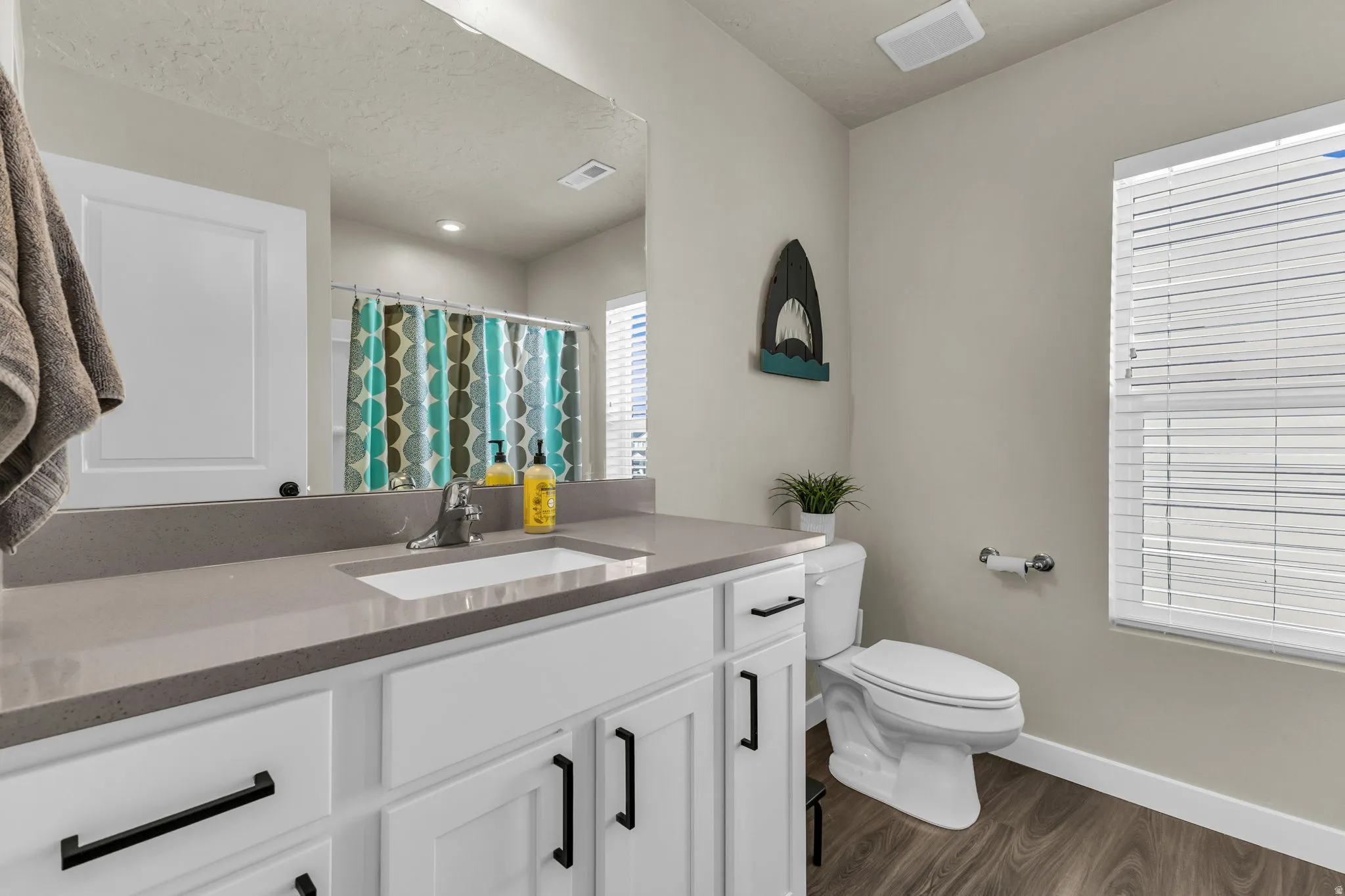 Full bath with vanity, dark wood-style floors, and a shower with curtain