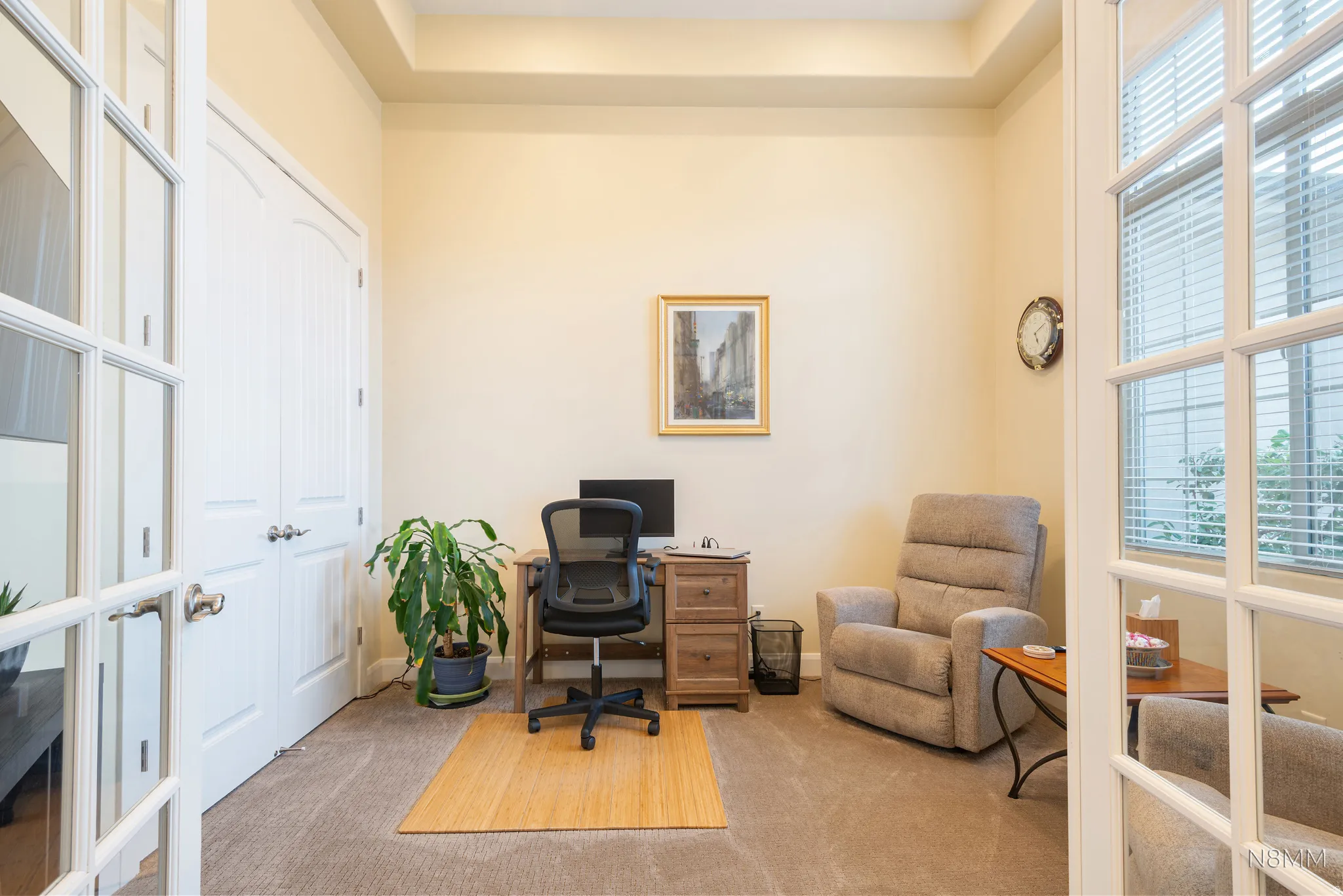 Home office featuring plenty of natural light, carpet floors, a raised ceiling, and french doors