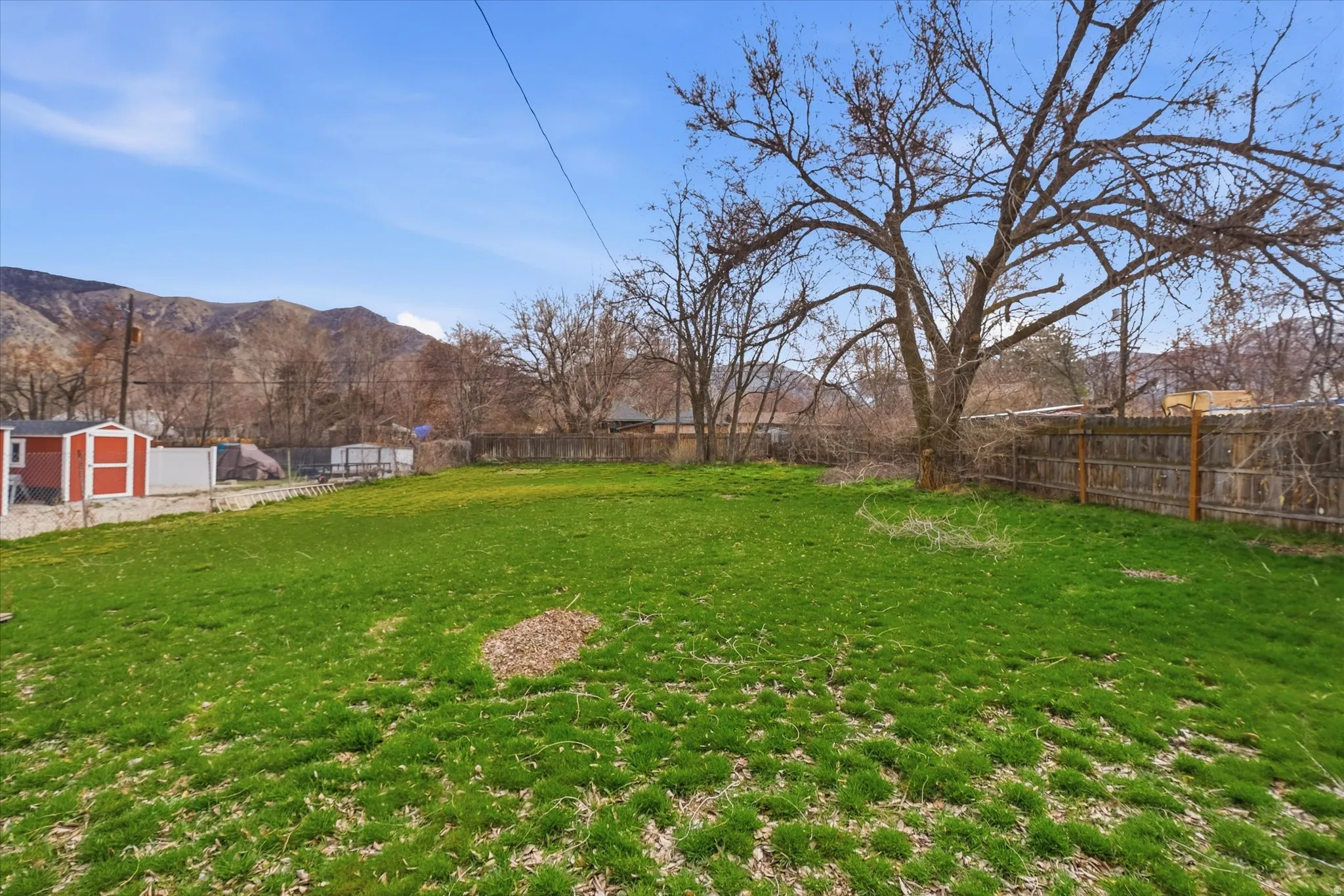 Fenced backyard featuring a mountain view and a storage unit