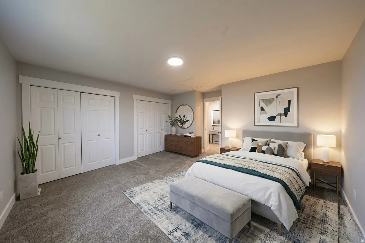 Carpeted bedroom featuring multiple closets and baseboards