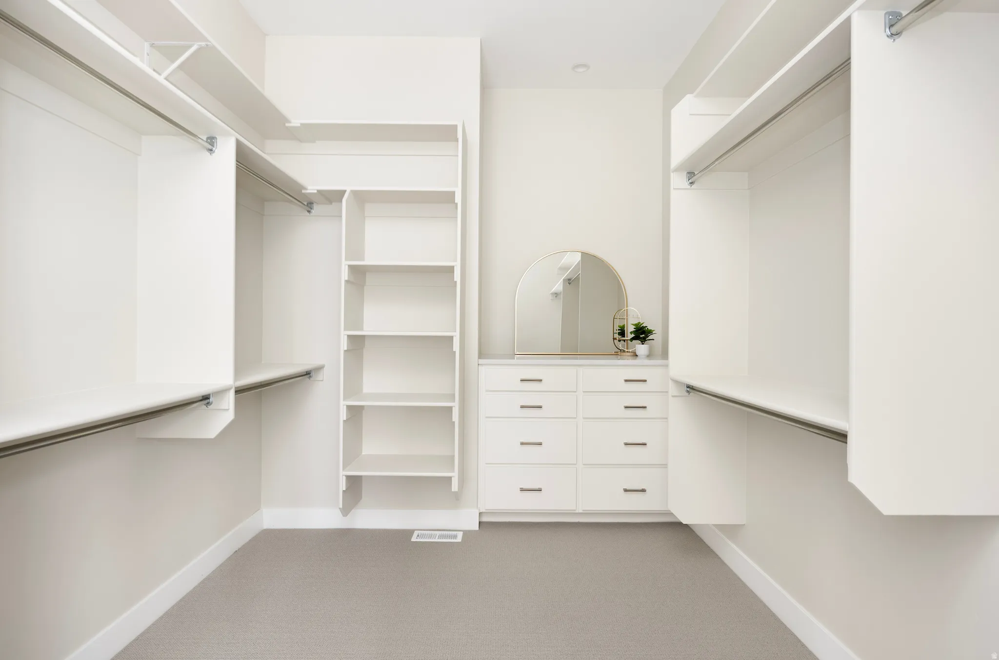 Walk in closet with light colored carpet