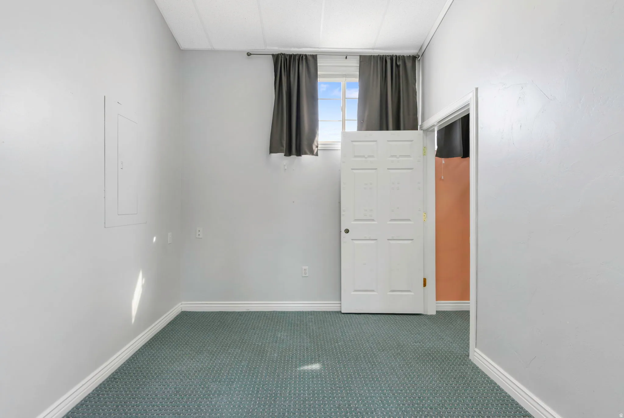 Carpeted empty room with baseboards and electric panel