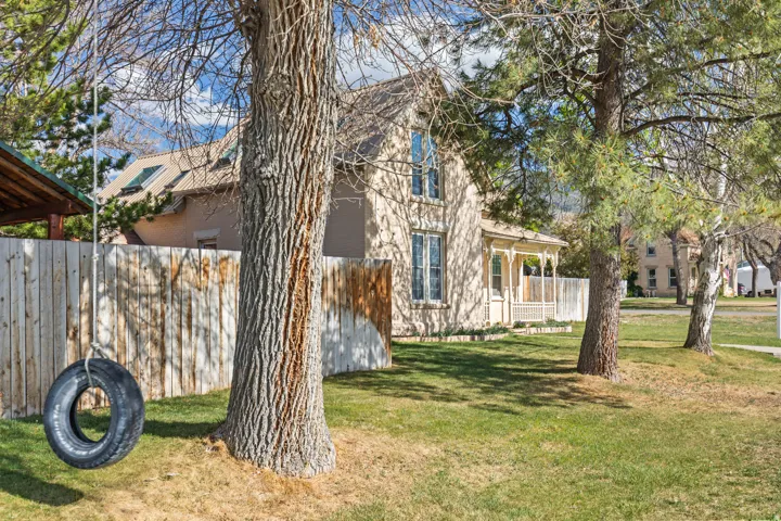 Expansive front yard featuring mature deciduous and evergreen trees, a well-maintained lawn, and a wood privacy fence