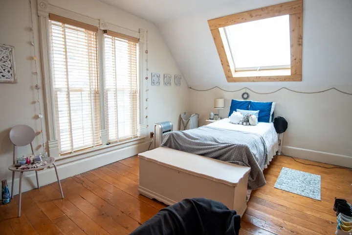 Bedroom featuring wood-type flooring, vaulted ceiling, and skylight