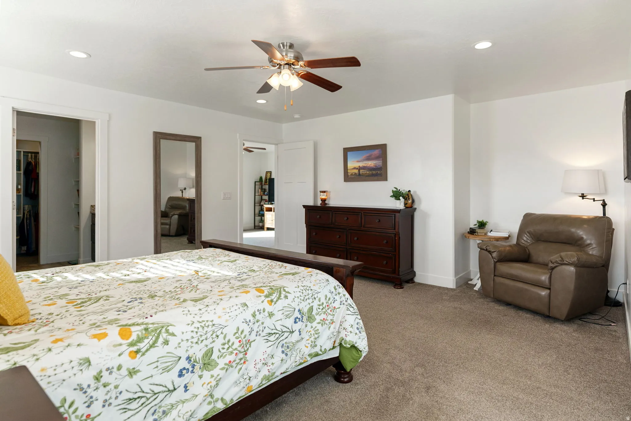 Bedroom featuring carpet flooring, recessed lighting, and a ceiling fan