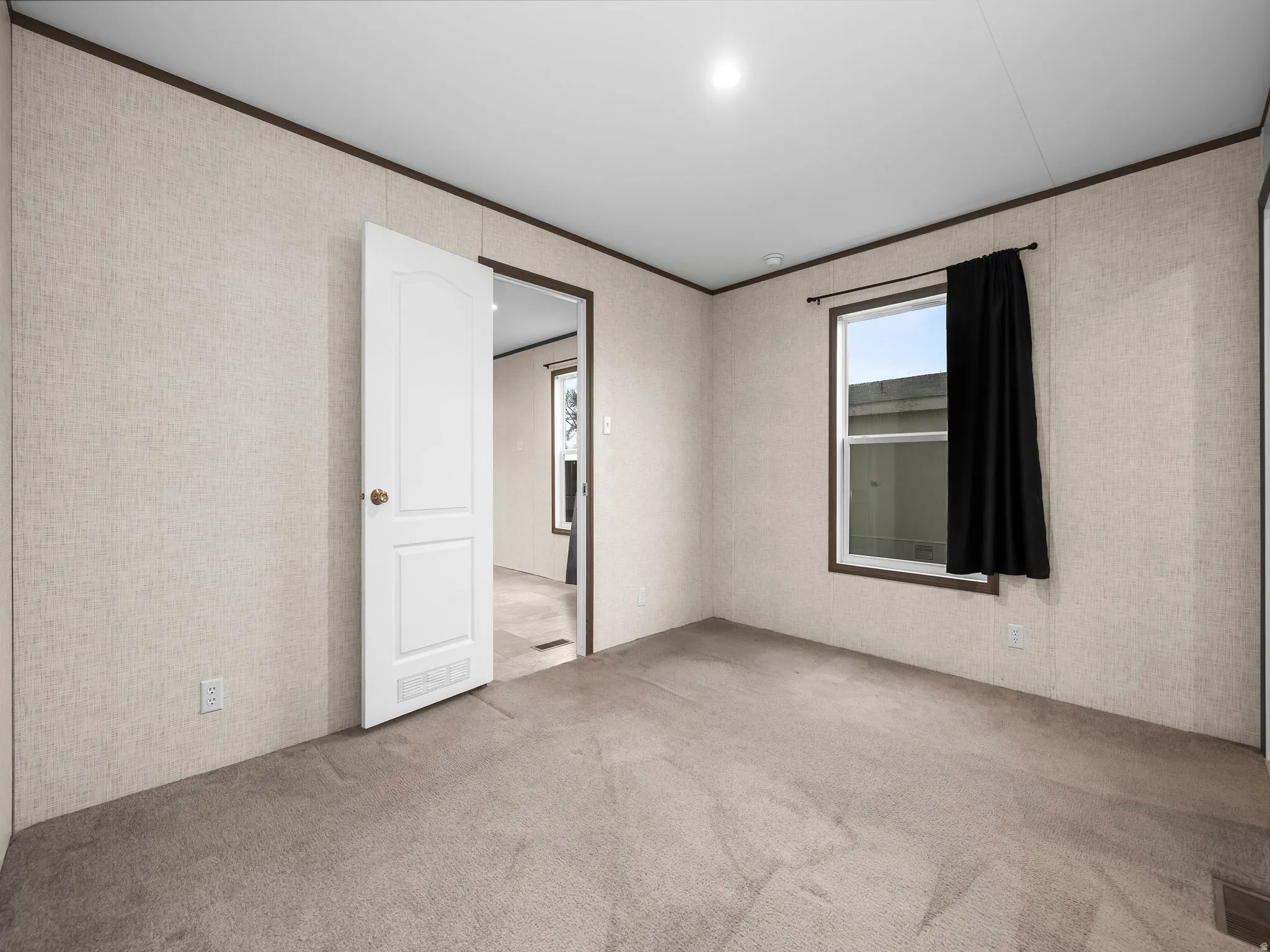 Unfurnished room with light carpet and ornamental molding