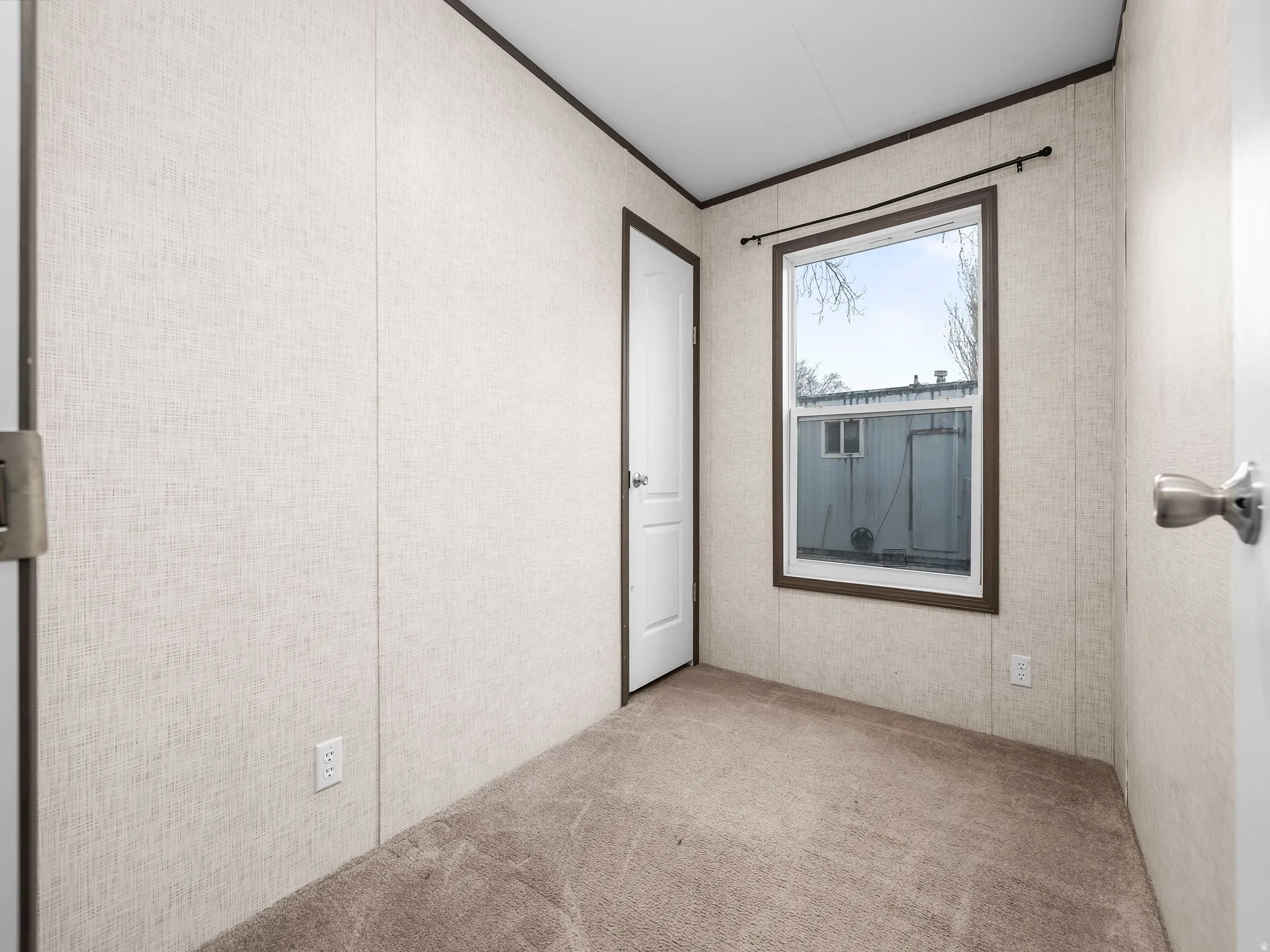 Empty room featuring light carpet and crown molding