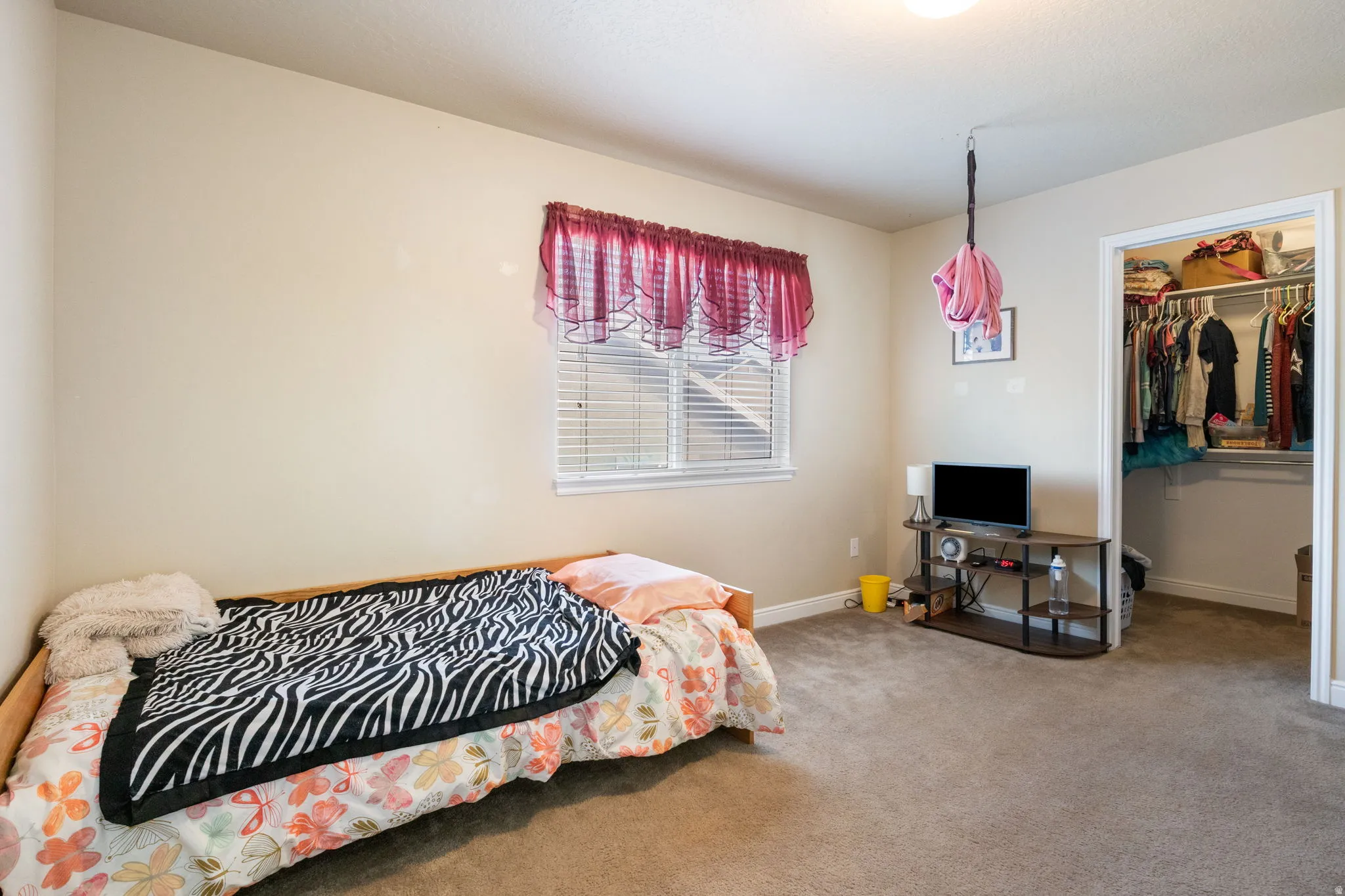 Carpeted bedroom with a spacious closet and baseboards