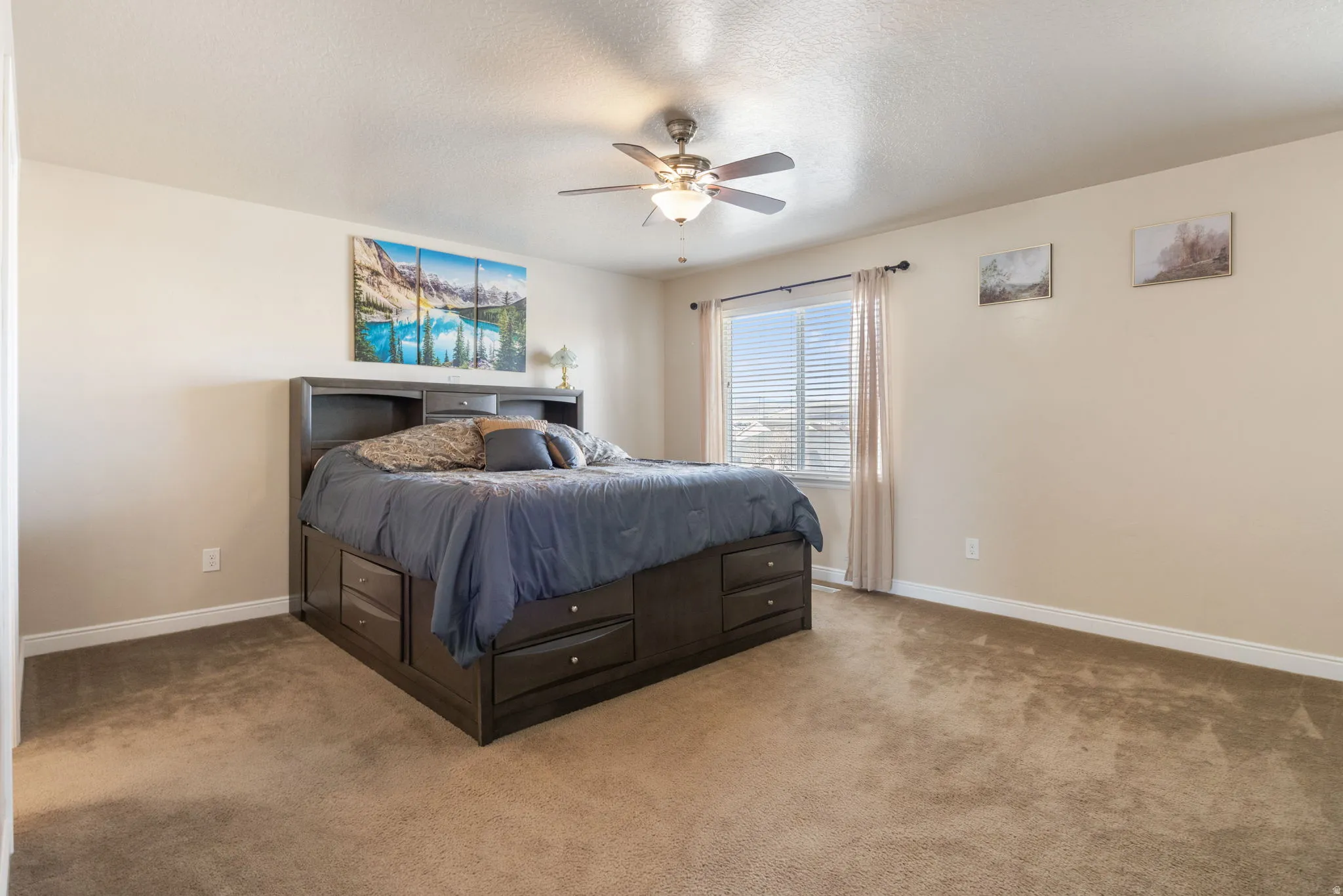 Master Bedroom featuring carpet floors, a ceiling fan, and a textured ceiling