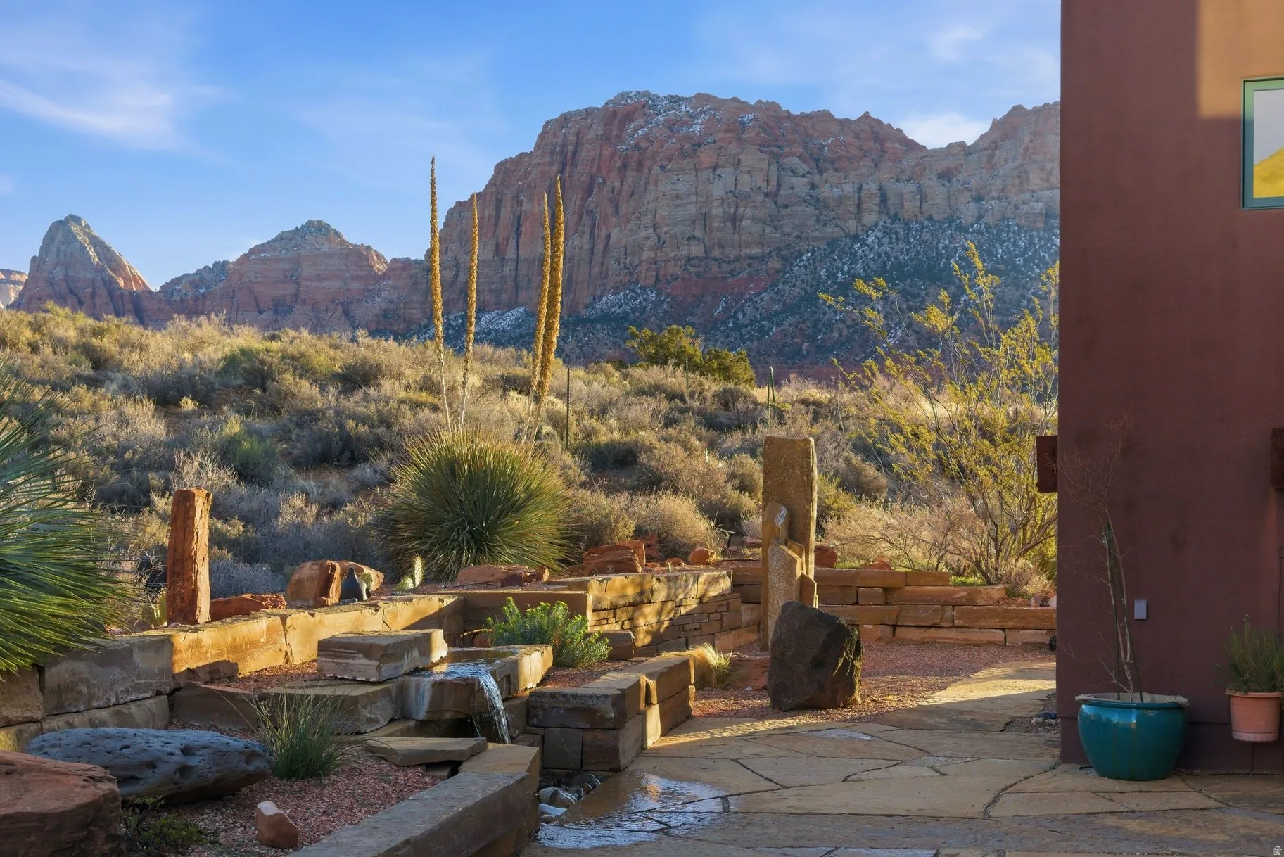 View of patio with a mountain view