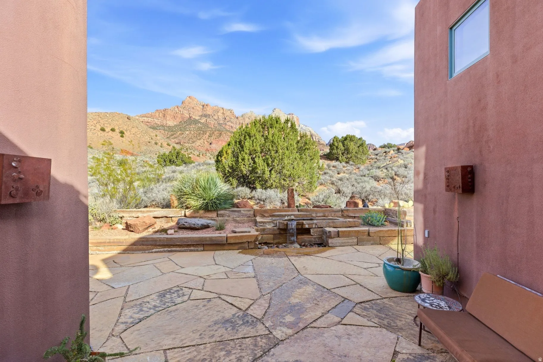 View of patio / terrace with a mountain view