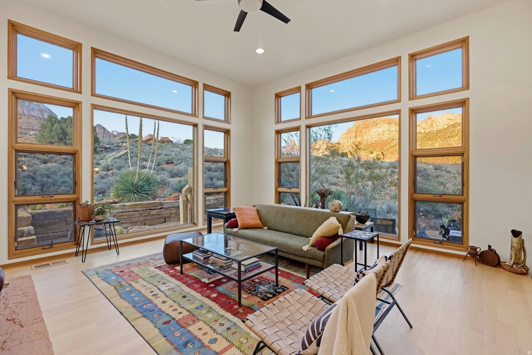 Sunroom with a mountain view