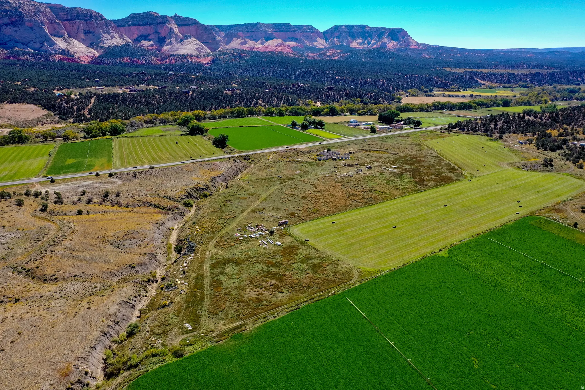 Overview of rural landscape with mountains