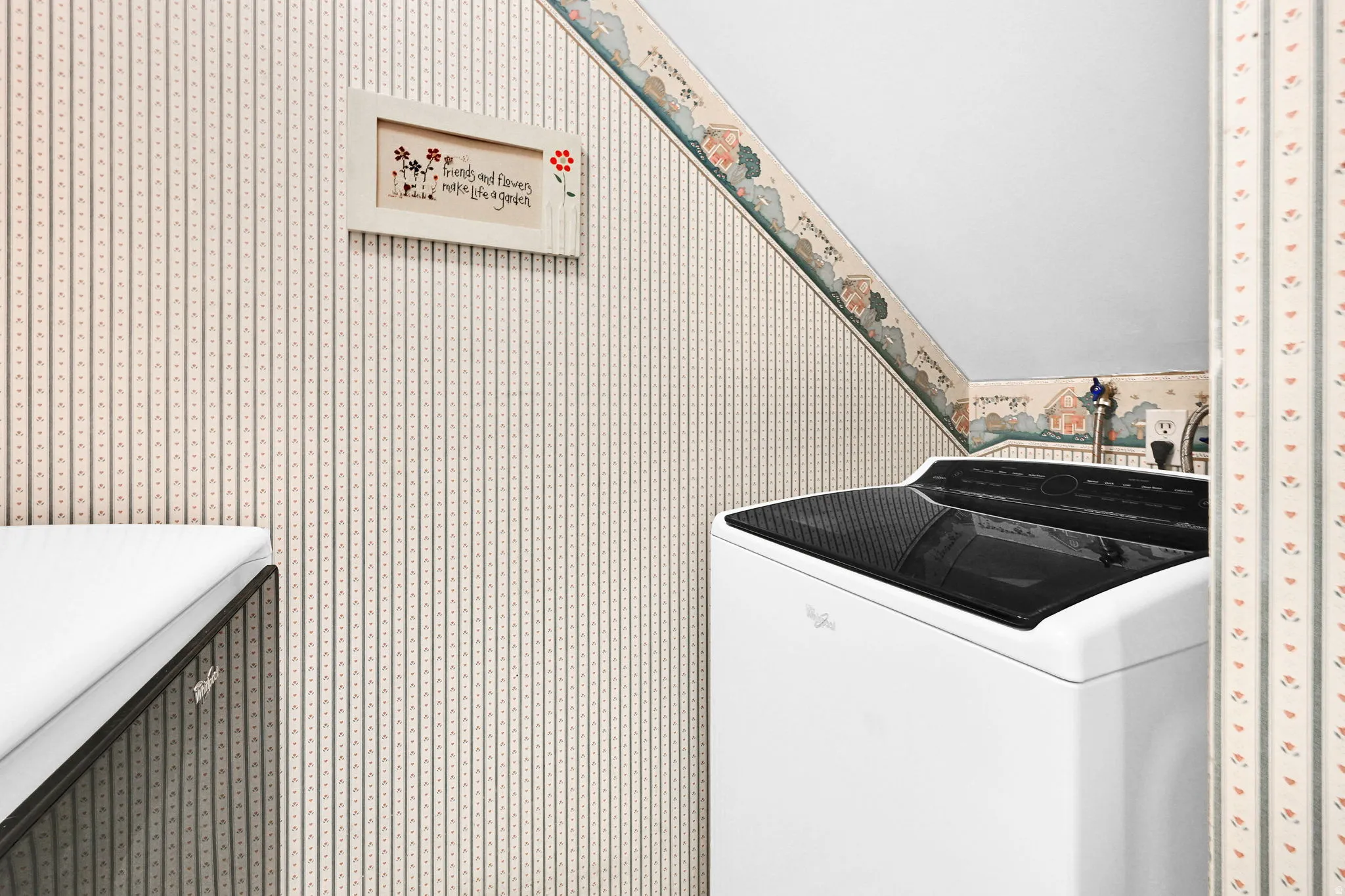 Laundry area featuring washer / clothes dryer and wallpapered walls