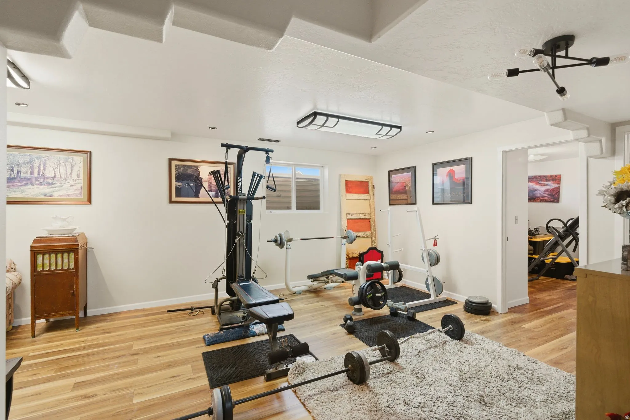 Workout room featuring light wood finished floors