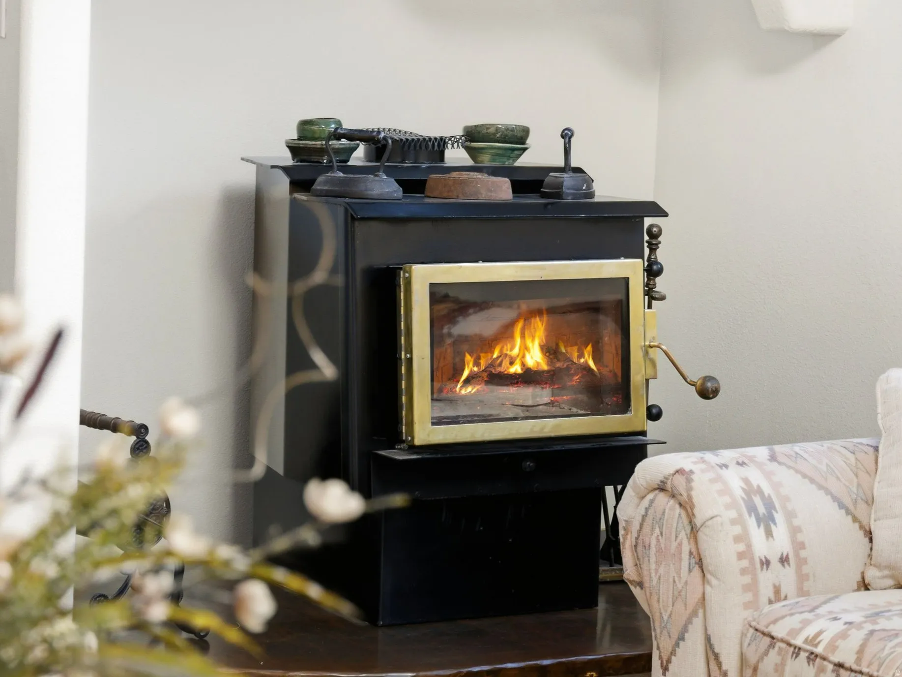 Detailed view of a glass covered fireplace
